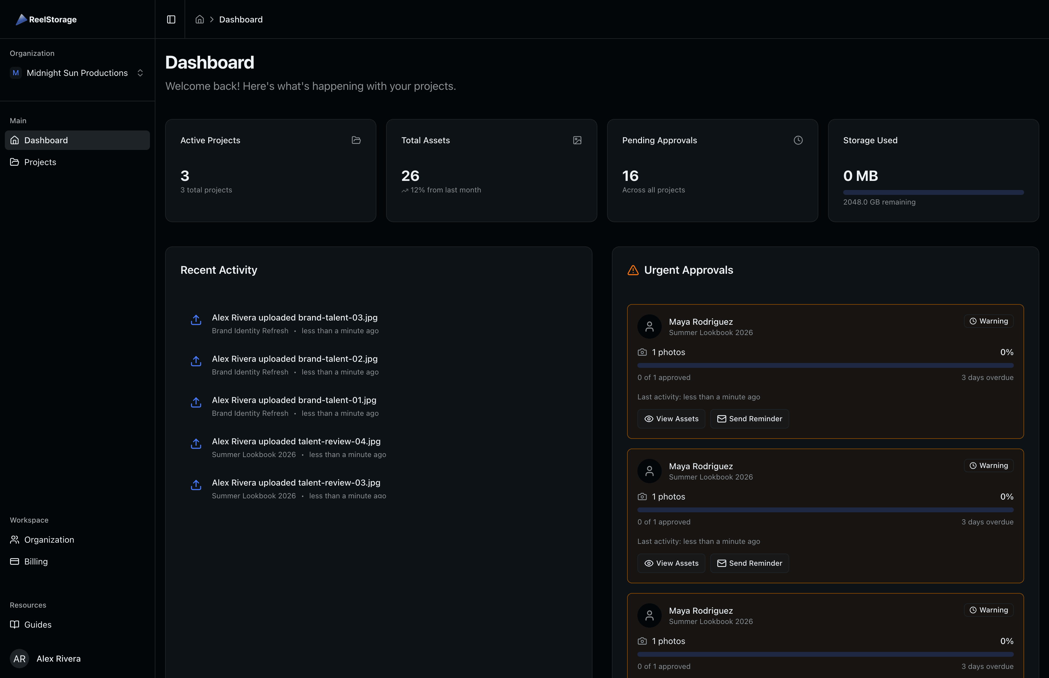 The ReelStorage dashboard — every client's photos, approvals, and activity in one view