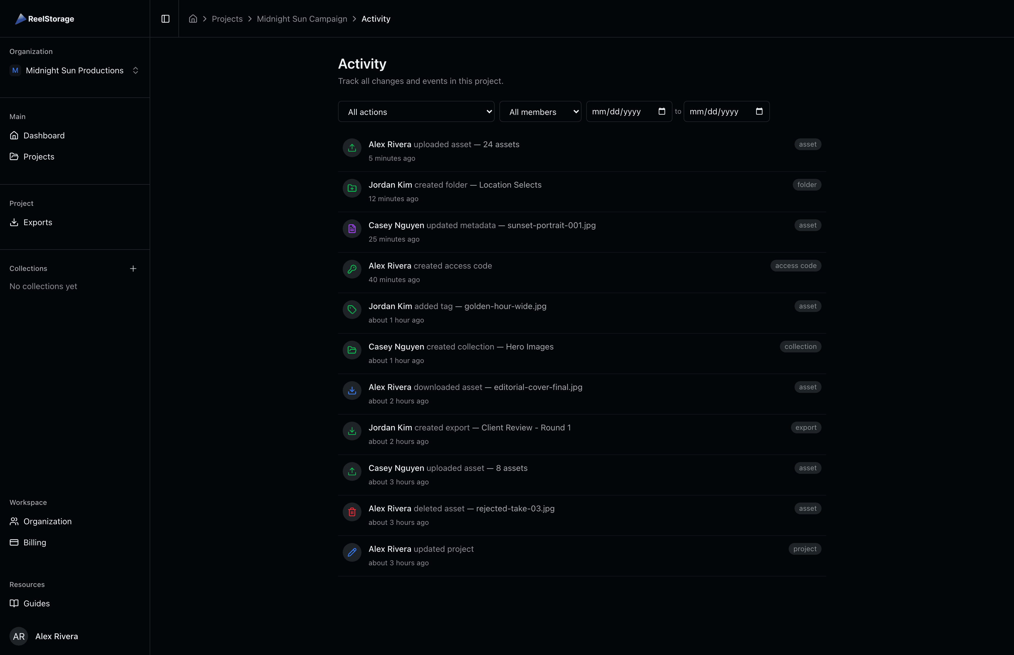 Activity log showing a timestamped audit trail