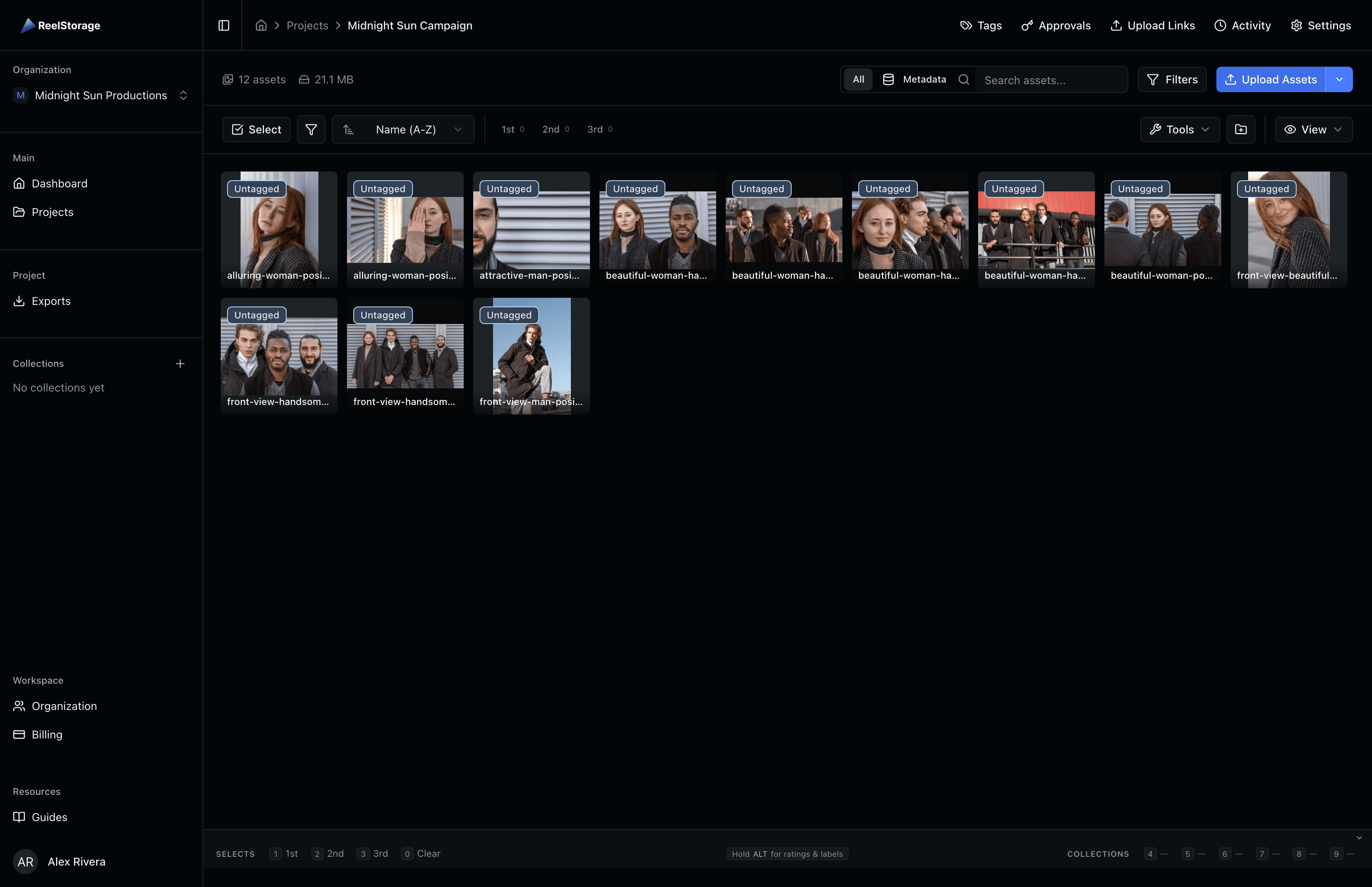 The ReelStorage asset grid — production stills with talent tags and approval status