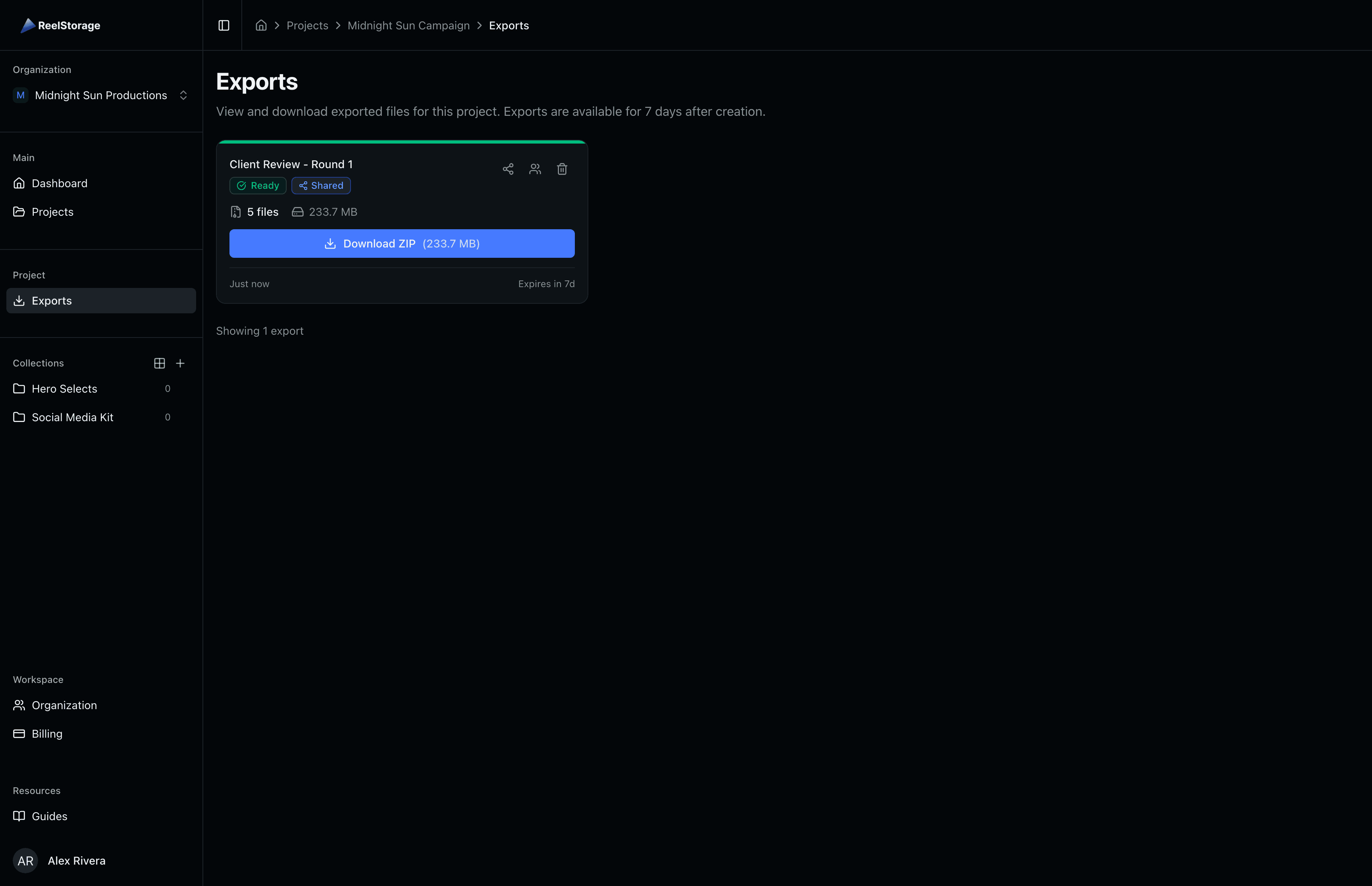 Exports page with secure, watermarked delivery