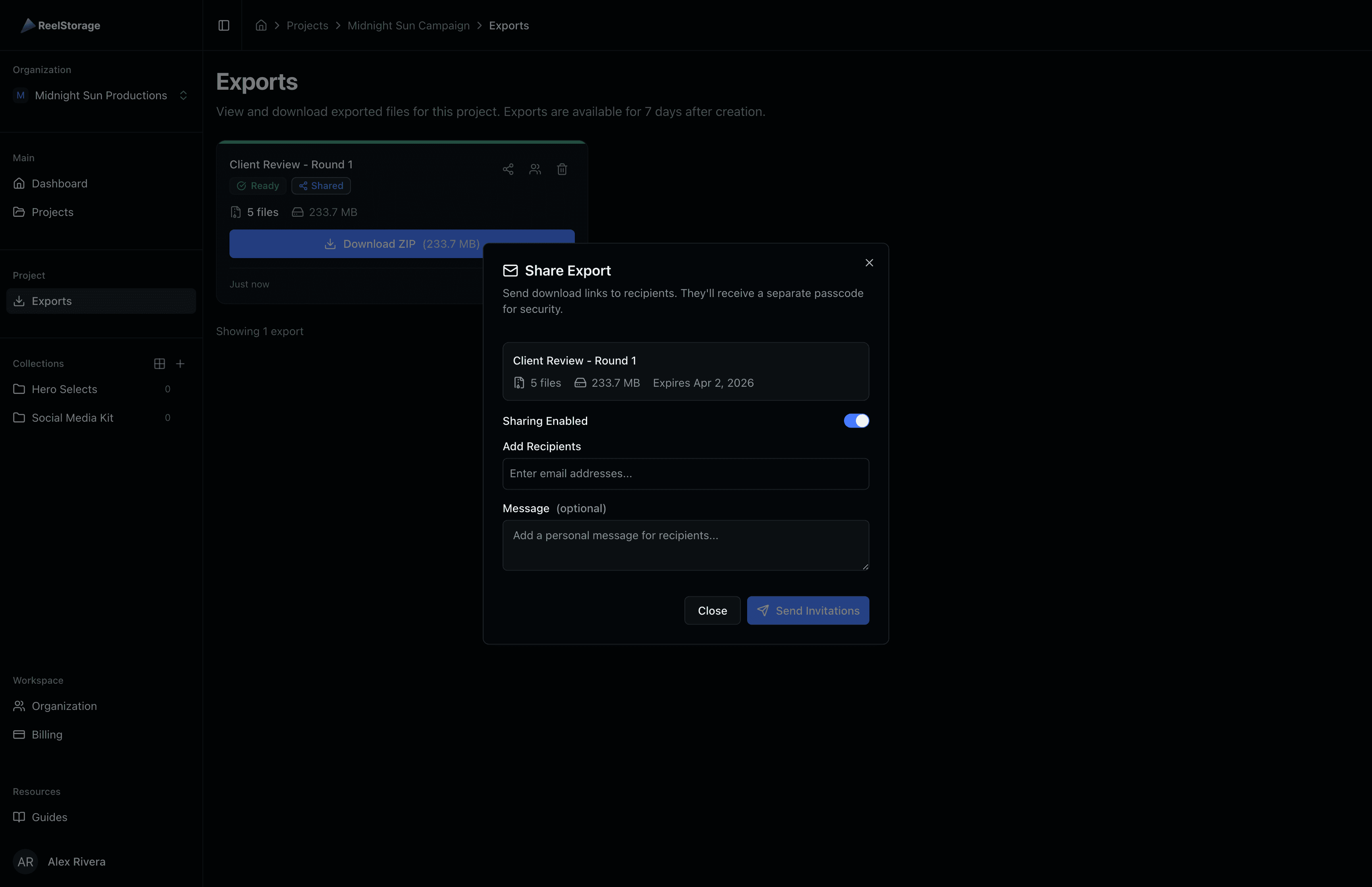Secure share dialog with expiring links and access controls