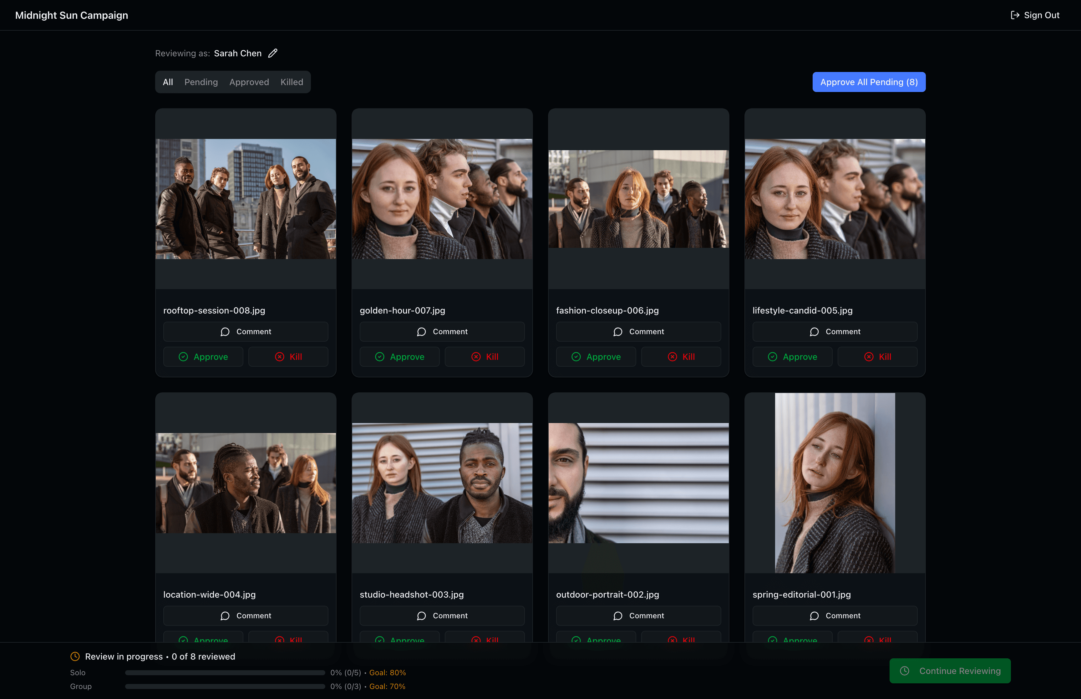 Talent approval grid — approving and killing images on a mobile device